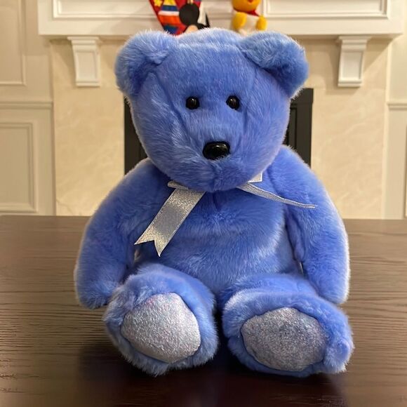 Vintage TY Beanie Buddy Bear "Clubby 2" 1999 Blue Bear with Silver Bow EUC  14” - Picture 1 of 7